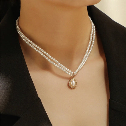 Layered Pearl Pendant Choker Necklace