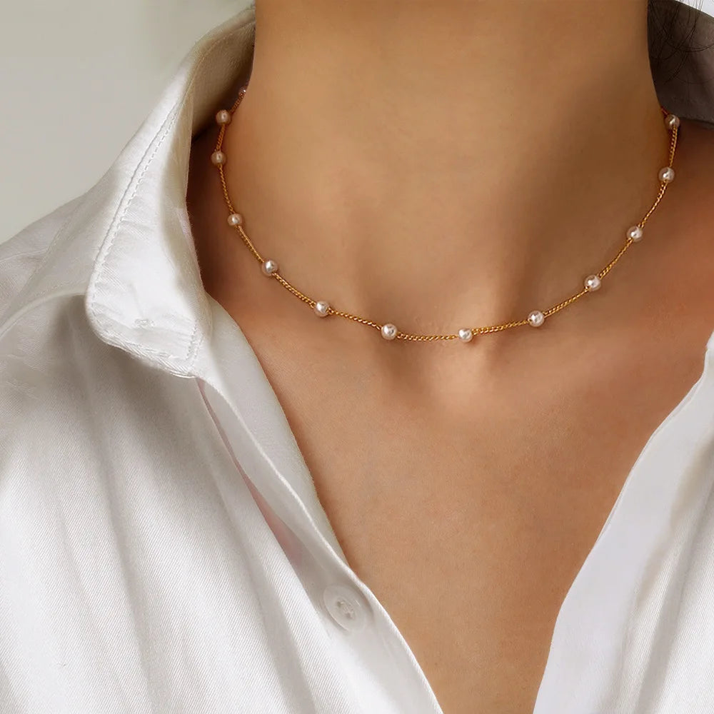 Layered Pearl Pendant Choker Necklace