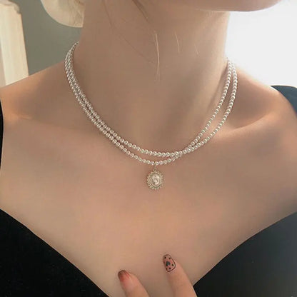 Layered Pearl Pendant Choker Necklace