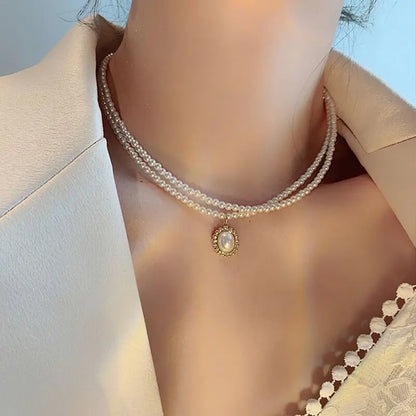 Layered Pearl Pendant Choker Necklace