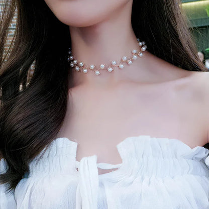 Layered Pearl Pendant Choker Necklace