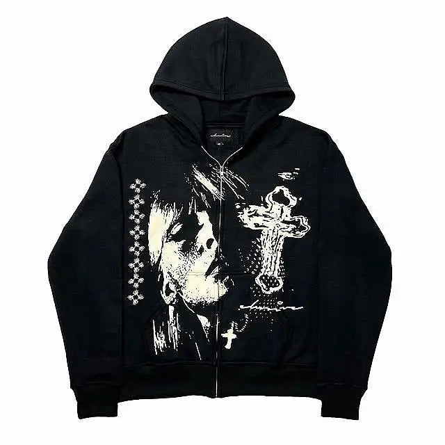 Black Loose Zipper Hoodie Men